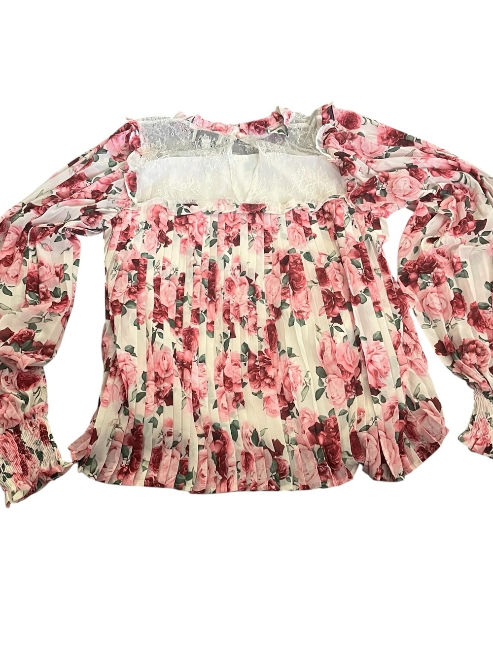 Aura Encourage Her Ivory Multi Floral Print Top Lace Yoke Ruffle Trim Pink M - Picture 3 of 7